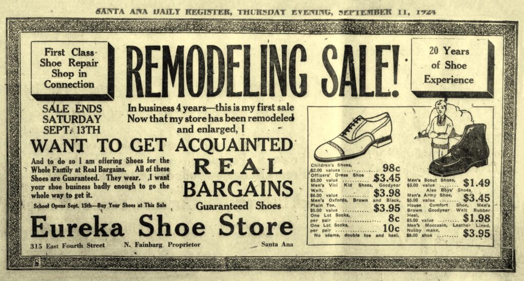 Eureka Shoe Store Ad, Santa Ana Register, Sept. 11, 1924
